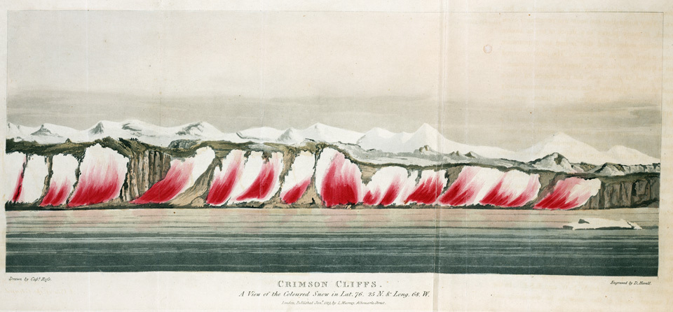 Artistic depiction of crimson cliffs beside a body of water, with white snow-capped mountains in the background.